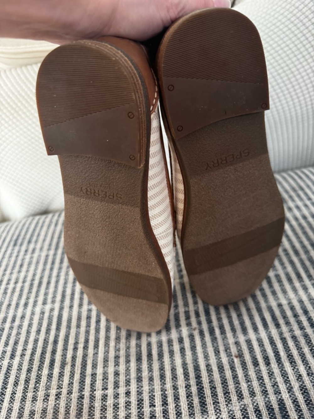 Sperry Seaport Penny Loafers Striped Canvas Tan Leather Size 7 - Picture 4 of 7